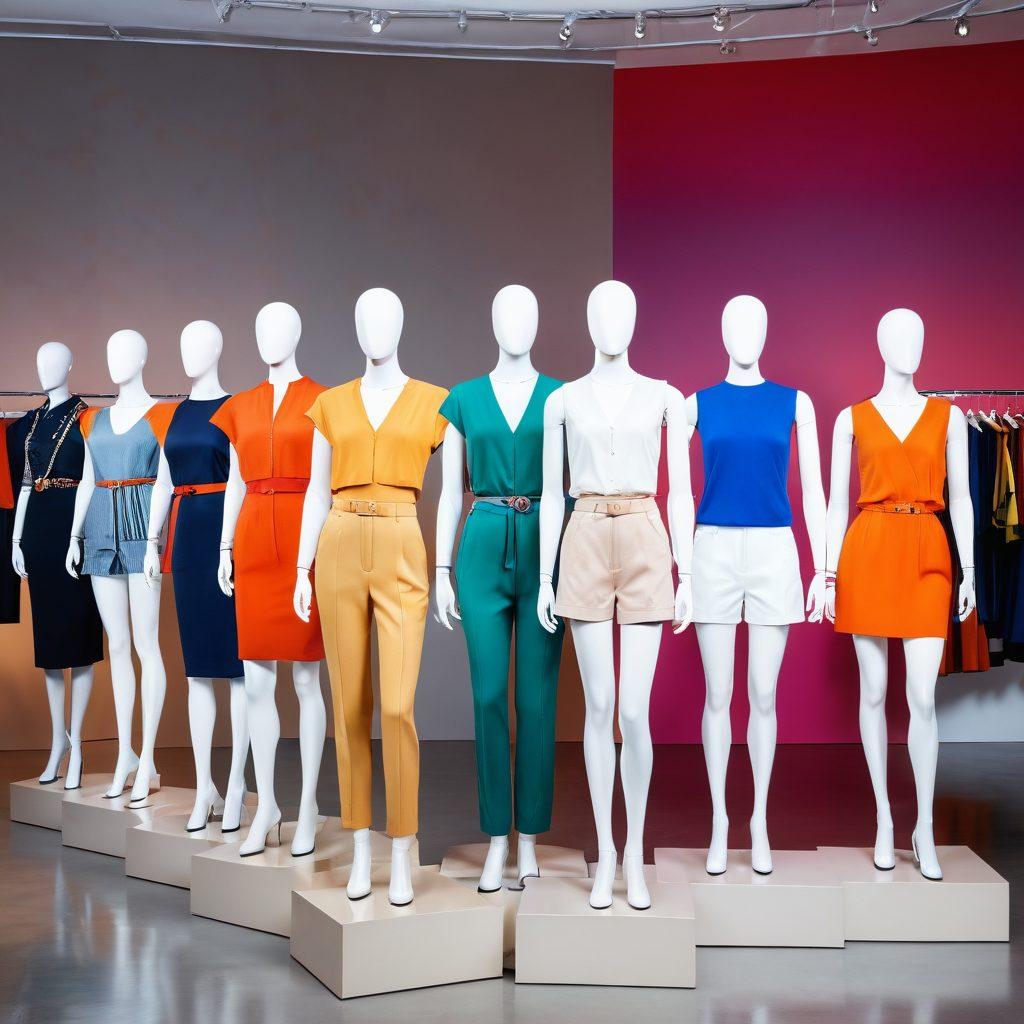 A stylish display of various two-piece outfits on mannequins, showcasing diverse styles such as sporty, elegant, and casual. Include a vibrant backdrop with fashion-related elements like accessories, fabric swatches, and color palettes. Highlight the importance of fit with labels indicating sizes and shapes. Warm, inviting lighting to create a fashionable atmosphere. modern fashion photography. vibrant colors. white background.